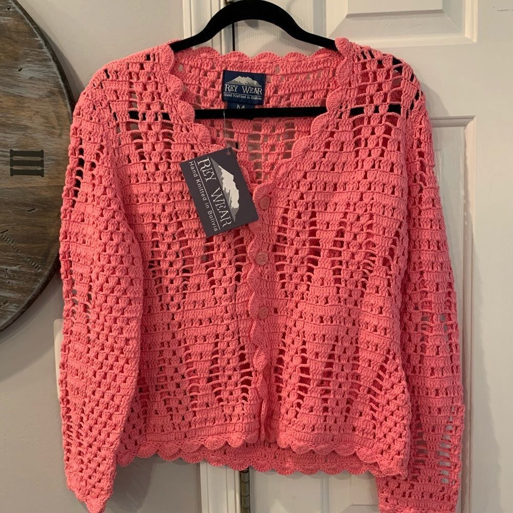 Rey Wear Hand Knit Pink Cardigan Sweater M NWT